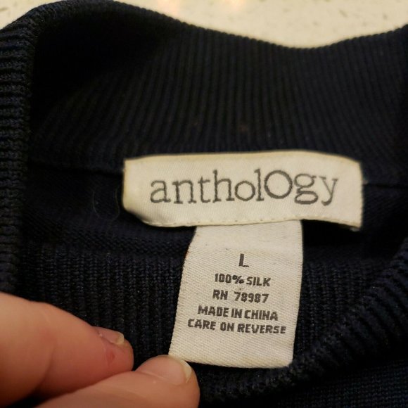 Anthology Mens L Sweater Navy blue Textured Long Sleeve 100% Silk - Picture 6 of 6